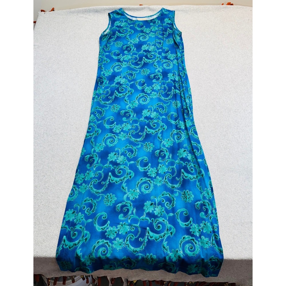 Vintage Coldwater Creek Dress S Blue Teal Floral Rayon Maxi Sleeveless 90s Flowy